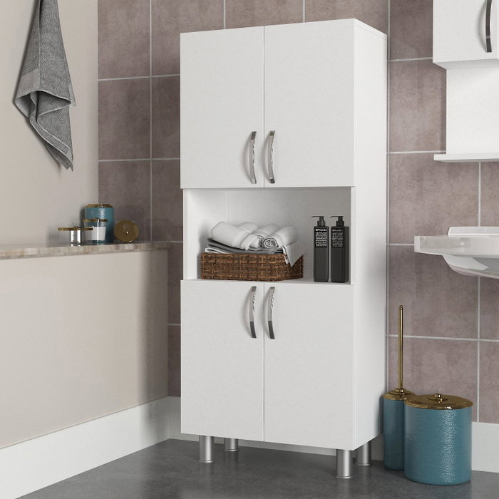 Hanah Home William - White Mueble de Baño Blanco 59.5 cm Ancho x 140.3 cm Alto x 29.5 cm Profundo Fabricado en Tablero de Partículas Recubierto de Melamina